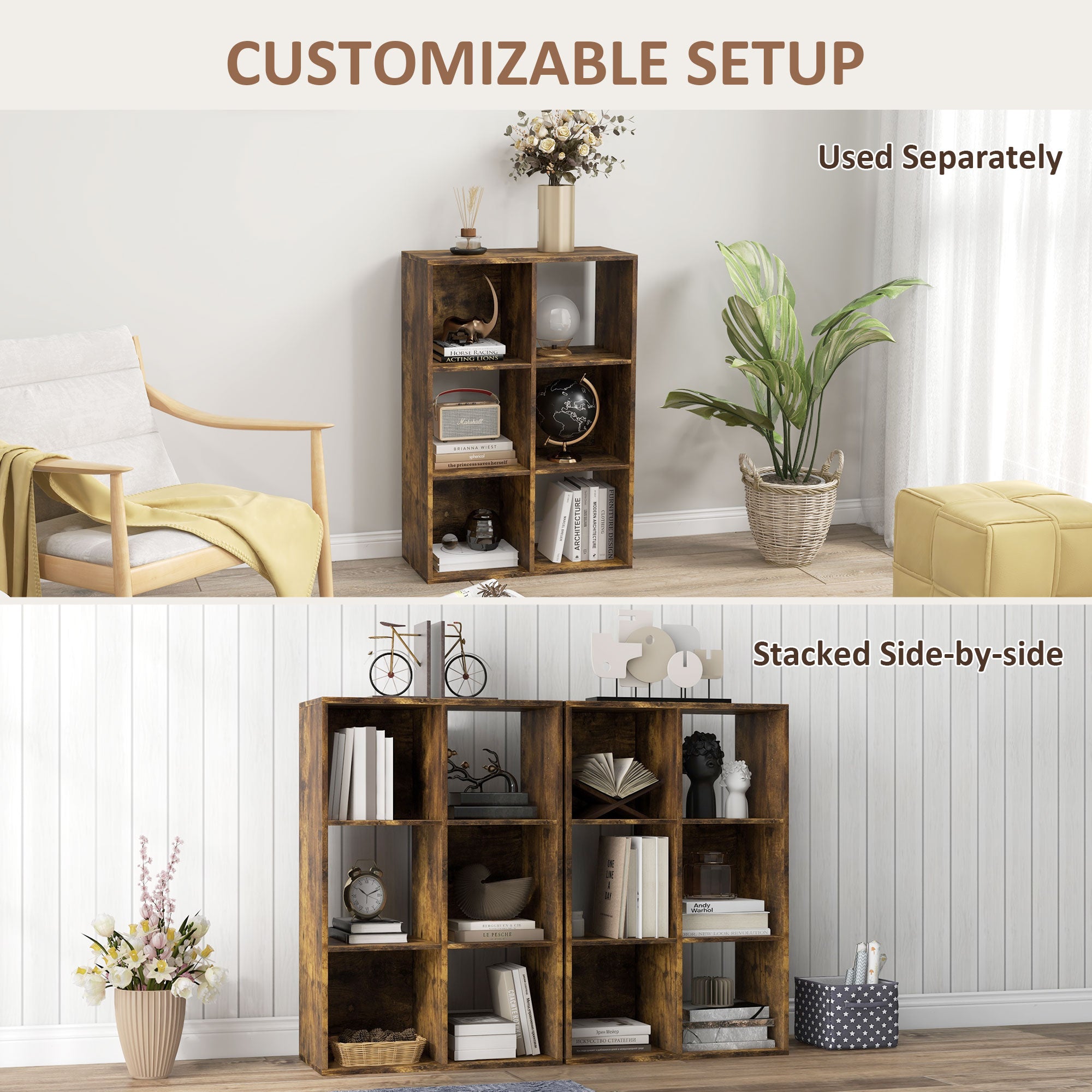 HOMCOM 6-Cube Bookshelf - Rustic Brown